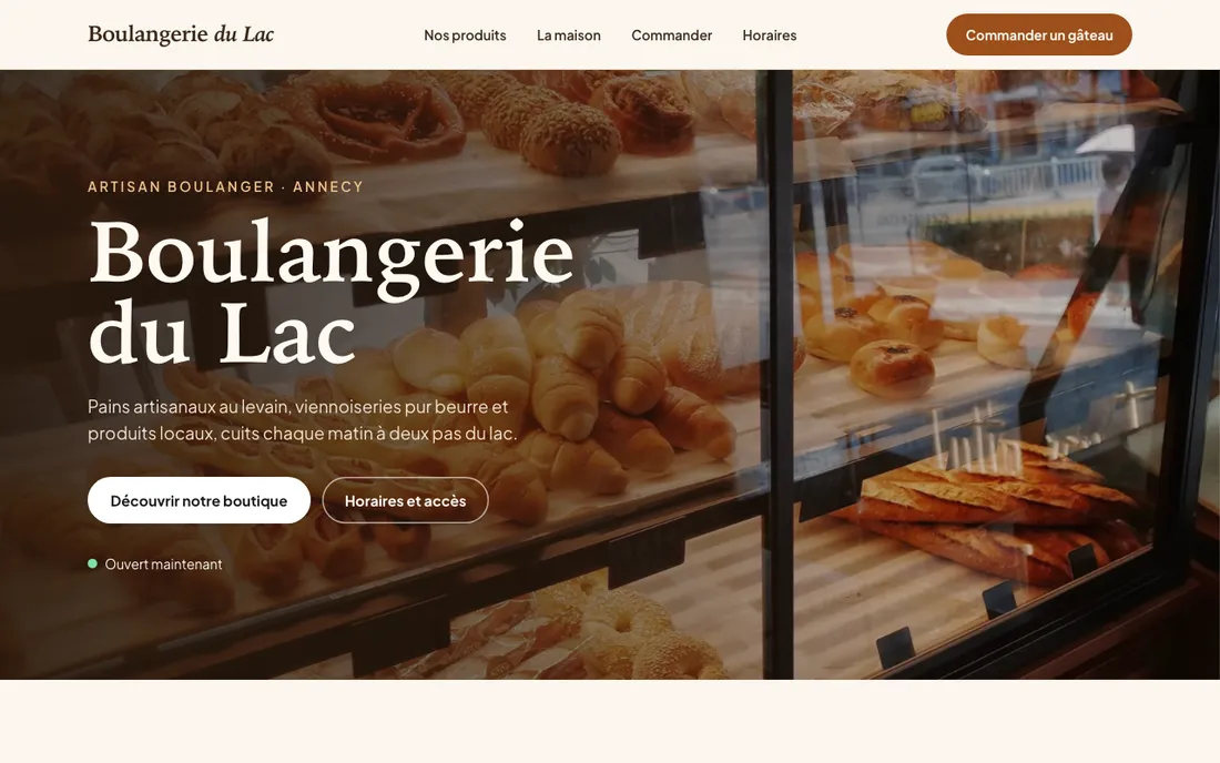 Exemple de site réalisé : la page d'accueil de la Boulangerie du Lac sur un ordinateur