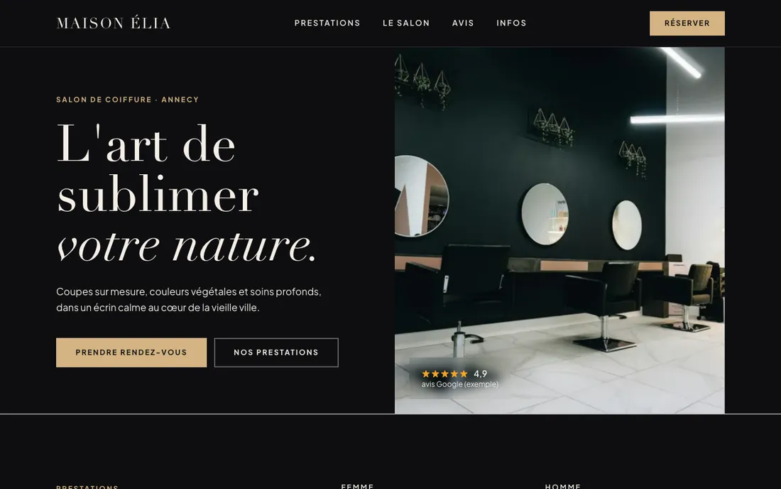 Exemple de site vitrine pour un salon de coiffure, vu sur un ordinateur